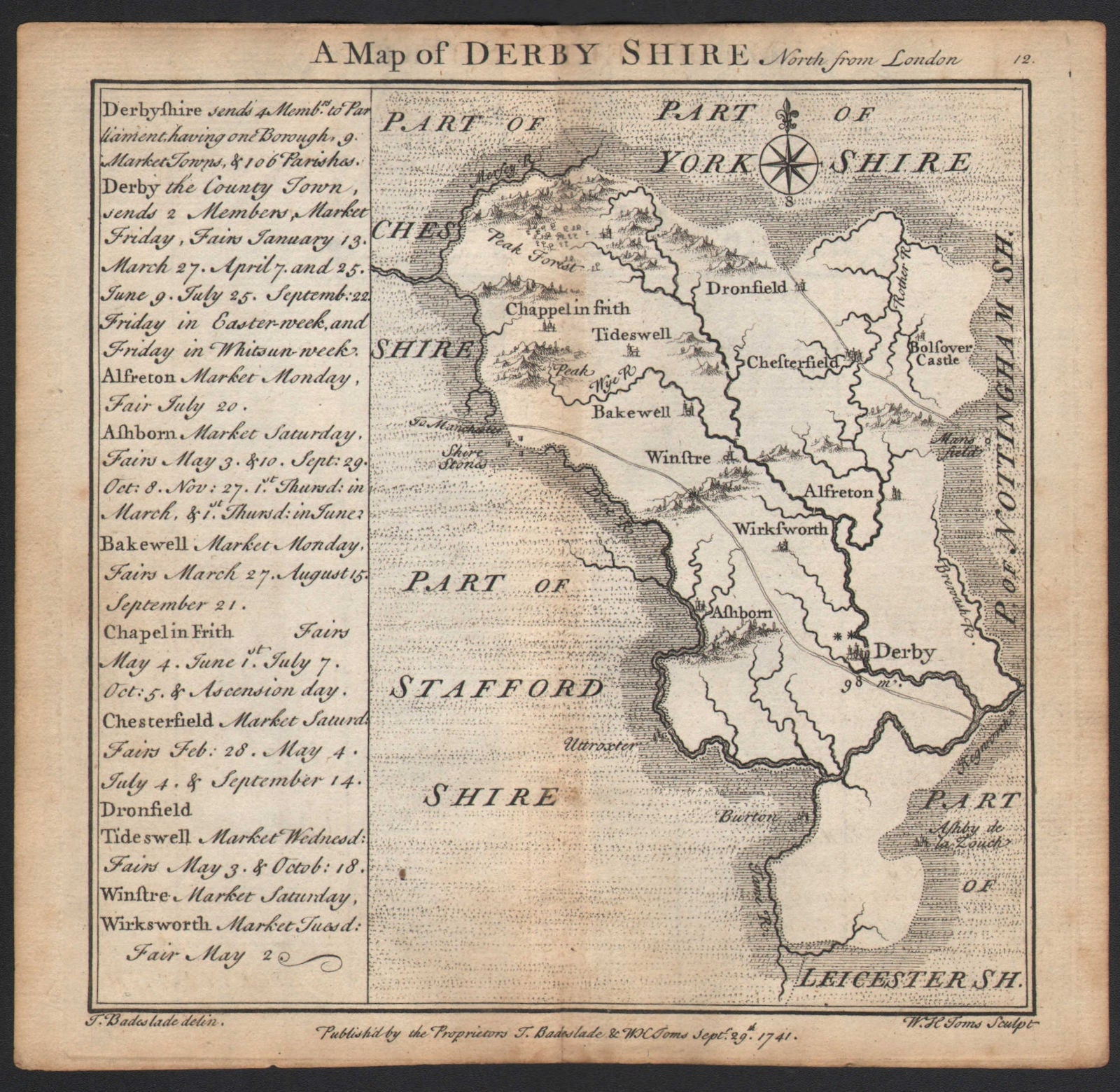 Antique county map of Derbyshire by Badeslade & Toms 1742 old